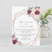 Burgundy Floral Geometric Copper Elfenbeinhochzeit Einladung (Stehend Vorderseite)