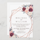 Burgundy Floral Geometric Copper Elfenbeinhochzeit Einladung (Vorne/Hinten)