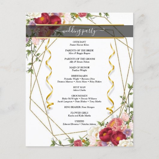 Burgundy Floral Geometric Gold Wedding Program (Rückseite)