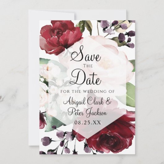 Burgundy Floral Geometric Hexagon Vellum Save The Date (Vorderseite)