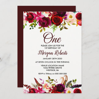 Burgundy Floral Girls 1. Geburtstag Party Einladun Einladung