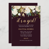 Burgundy Floral Glitzer Sparkling Girl Babydusche Einladung (Vorne/Hinten)