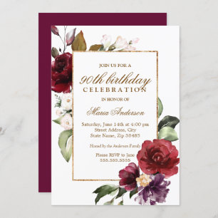 Burgundy Floral Gold 90. Geburtstagsparty Einladung