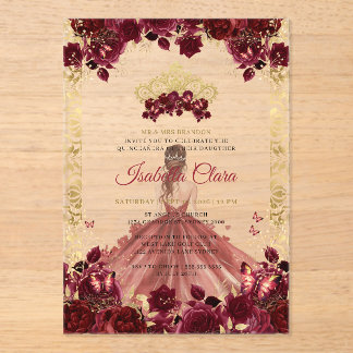 Burgundy Floral Gold Arch Prinzessin Quinceanera Acryleinladungen