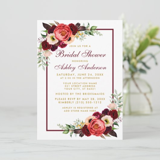 Burgundy Floral Gold Boho Brautparty Einladung B (Stehend Vorderseite)