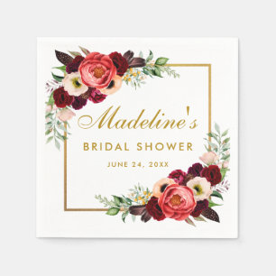 Burgundy Floral Gold Boho Brautparty Serviette