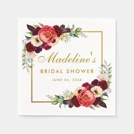 Burgundy Floral Gold Boho Brautparty Serviette (Vorderseite)
