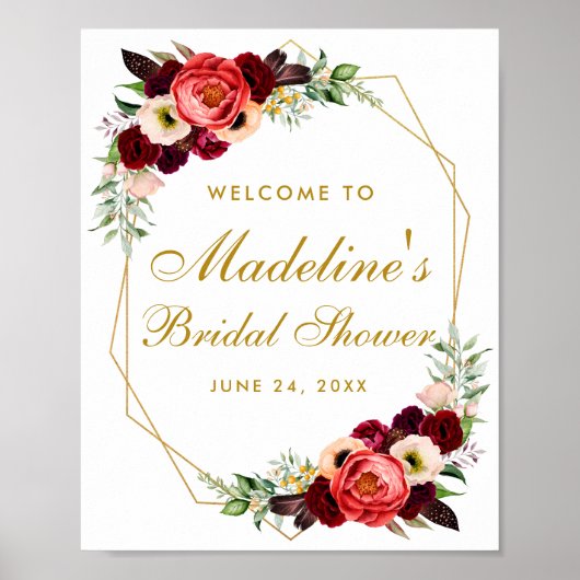 Burgundy Floral Gold Boho Brautparty Willkommen Poster (Vorne)