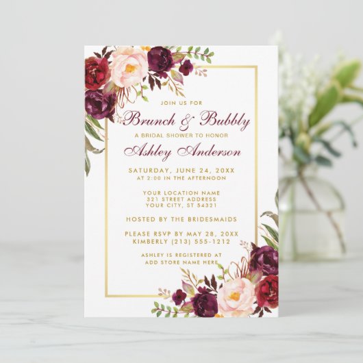 Burgundy Floral Gold Brautparty Brunch Einladung B (Stehend Vorderseite)