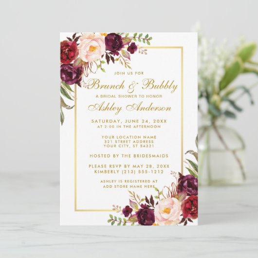 Burgundy Floral Gold Brautparty Brunch Einladung G (Stehend Vorderseite)