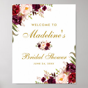 Burgundy Floral Gold Brautparty Willkommen Poster