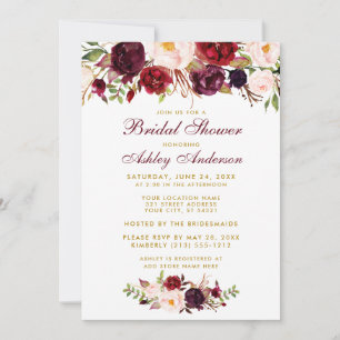 Burgundy Floral Gold Bridal Dusche Einladung BW
