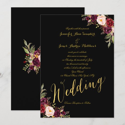 Burgundy Floral Gold Foil Black Wedding Einladung (Vorne/Hinten)