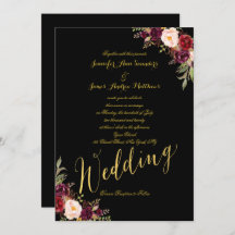 Burgundy Floral Gold Foil Black Wedding Einladung