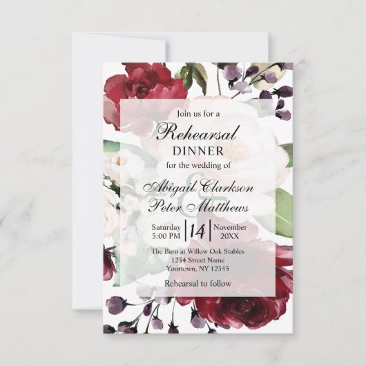 Burgundy Floral Gold Foil Hochzeit Probe Dinner Einladung (Vorderseite)