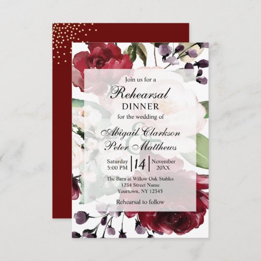 Burgundy Floral Gold Foil Hochzeit Probe Dinner Einladung (Vorne/Hinten)