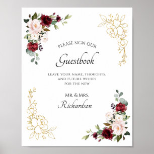 Burgundy Floral Gold Foil Unterschreiben unser Gäs Poster