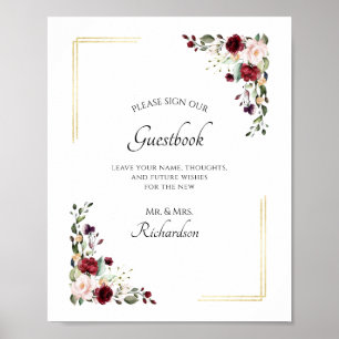 Burgundy Floral Gold Foil Unterschreiben unser Gäs Poster