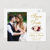 Burgundy Floral Gold Foto Save the Date Postkarte (Vorne/Hinten)