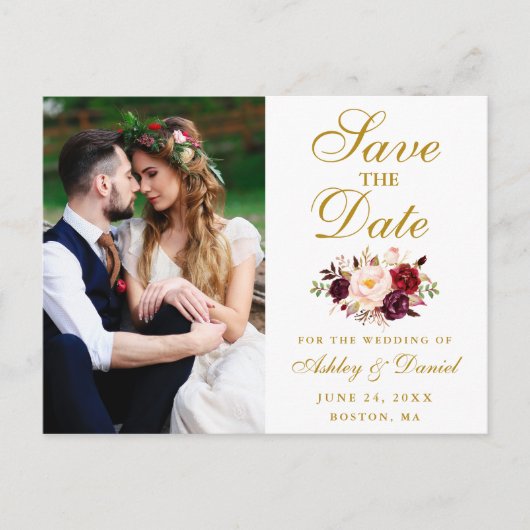 Burgundy Floral Gold Foto Save the Date Postkarte (Vorderseite)