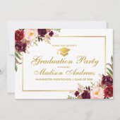 Burgundy Floral Gold Frame Graduation Party einlad Einladung (Vorderseite)