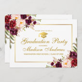 Burgundy Floral Gold Frame Graduation Party einlad Einladung (Vorne/Hinten)