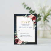 Burgundy Floral Gold Frame Navy Blue Wedding Postc Postkarte (Stehend Vorderseite)
