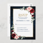 Burgundy Floral Gold Frame Navy Blue Wedding Postc Postkarte (Vorne/Hinten)