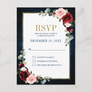 Burgundy Floral Gold Frame Navy Blue Wedding Postc Postkarte