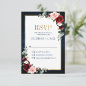 Burgundy Floral Gold Frame Navy Blue Wedding RSVP (Stehend Vorderseite)