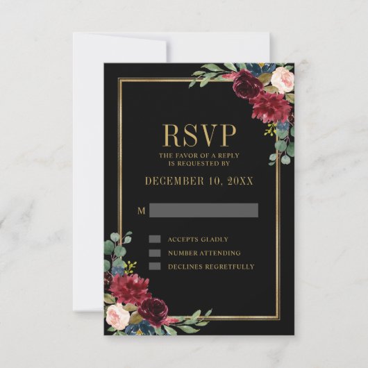 Burgundy Floral Gold Frame Navy Blue Wedding RSVP (Vorderseite)