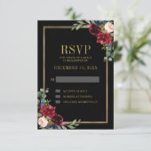 Burgundy Floral Gold Frame Navy Blue Wedding RSVP (Stehend Vorderseite)
