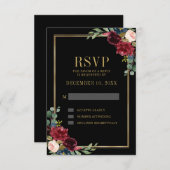 Burgundy Floral Gold Frame Navy Blue Wedding RSVP (Vorne/Hinten)