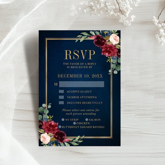 Burgundy Floral Gold Frame Navy Blue Wedding RSVP