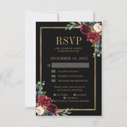 Burgundy Floral Gold Frame Navy Blue Wedding RSVP (Vorderseite)