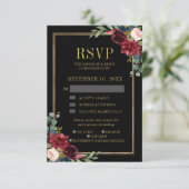 Burgundy Floral Gold Frame Navy Blue Wedding RSVP (Stehend Vorderseite)