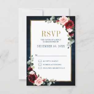 Burgundy Floral Gold Frame Navy Blue Wedding RSVP Karte