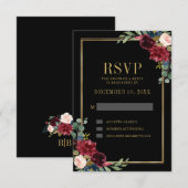 Burgundy Floral Gold Frame Navy Blue Wedding RSVP Karte (Vorne/Hinten)