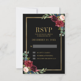 Burgundy Floral Gold Frame Navy Blue Wedding RSVP Karte