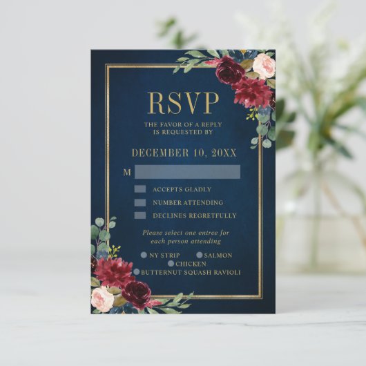 Burgundy Floral Gold Frame Navy Wedding RSVP Karte (Stehend Vorderseite)