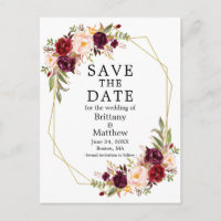 Burgundy Floral Gold Geo Frame Save the Date