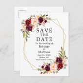 Burgundy Floral Gold Geo Frame Save the Date Postkarte (Vorne/Hinten)
