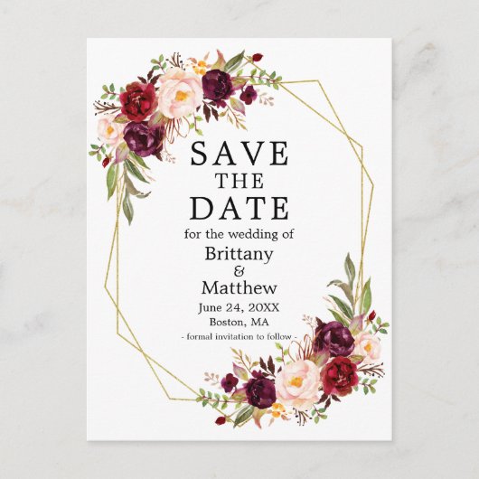Burgundy Floral Gold Geo Frame Save the Date Postkarte (Vorderseite)