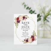 Burgundy Floral Gold Geo Frame Save the Date Postkarte (Stehend Vorderseite)
