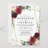 Burgundy Floral Gold Geometric Greenerity Wedding Einladung (Vorderseite)