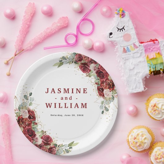 Burgundy Floral Gold Geometric Wedding Pappteller (Party)