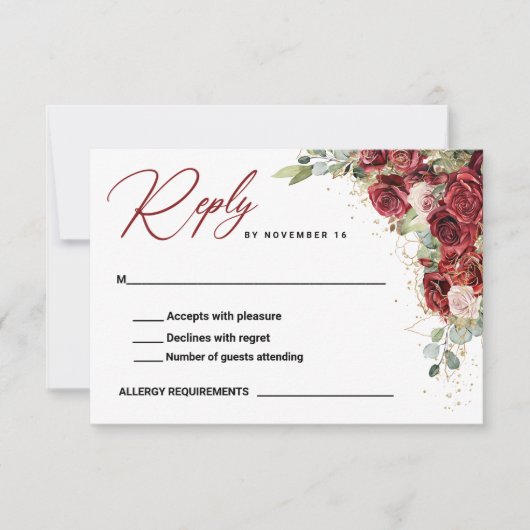 Burgundy Floral Gold Geometric Wedding RSVP Karte (Vorderseite)