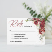 Burgundy Floral Gold Geometric Wedding RSVP Karte (Stehend Vorderseite)