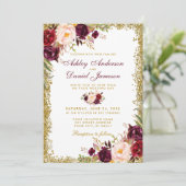 Burgundy Floral Gold Glitzer Einladung zur Hochzei (Stehend Vorderseite)