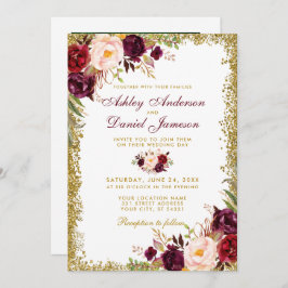 Burgundy Floral Gold Glitzer Foto Wedding Einladung